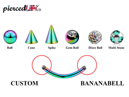 Rainbow Curved Barbell, Lip Piercing – Custom Bent Barbell 18g 16g 14g Piercing for Daith, Vertical Labret and More
