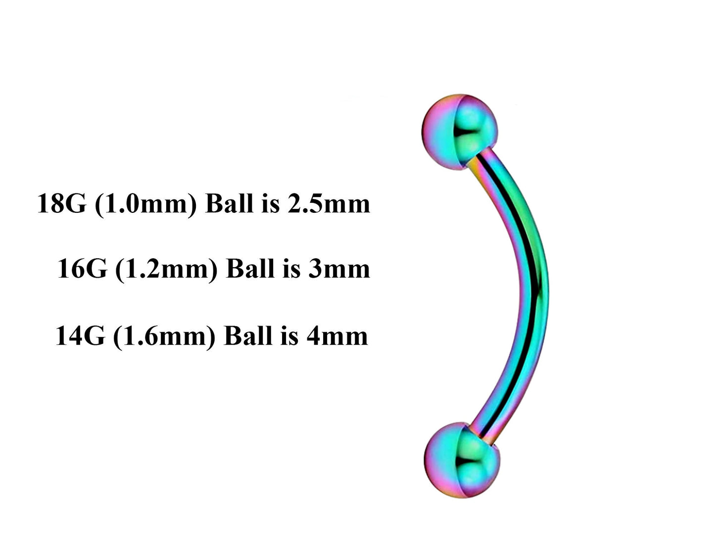 Rainbow Curved Barbell, Lip Piercing – Custom Bent Barbell 18g 16g 14g Piercing for Daith, Vertical Labret and More