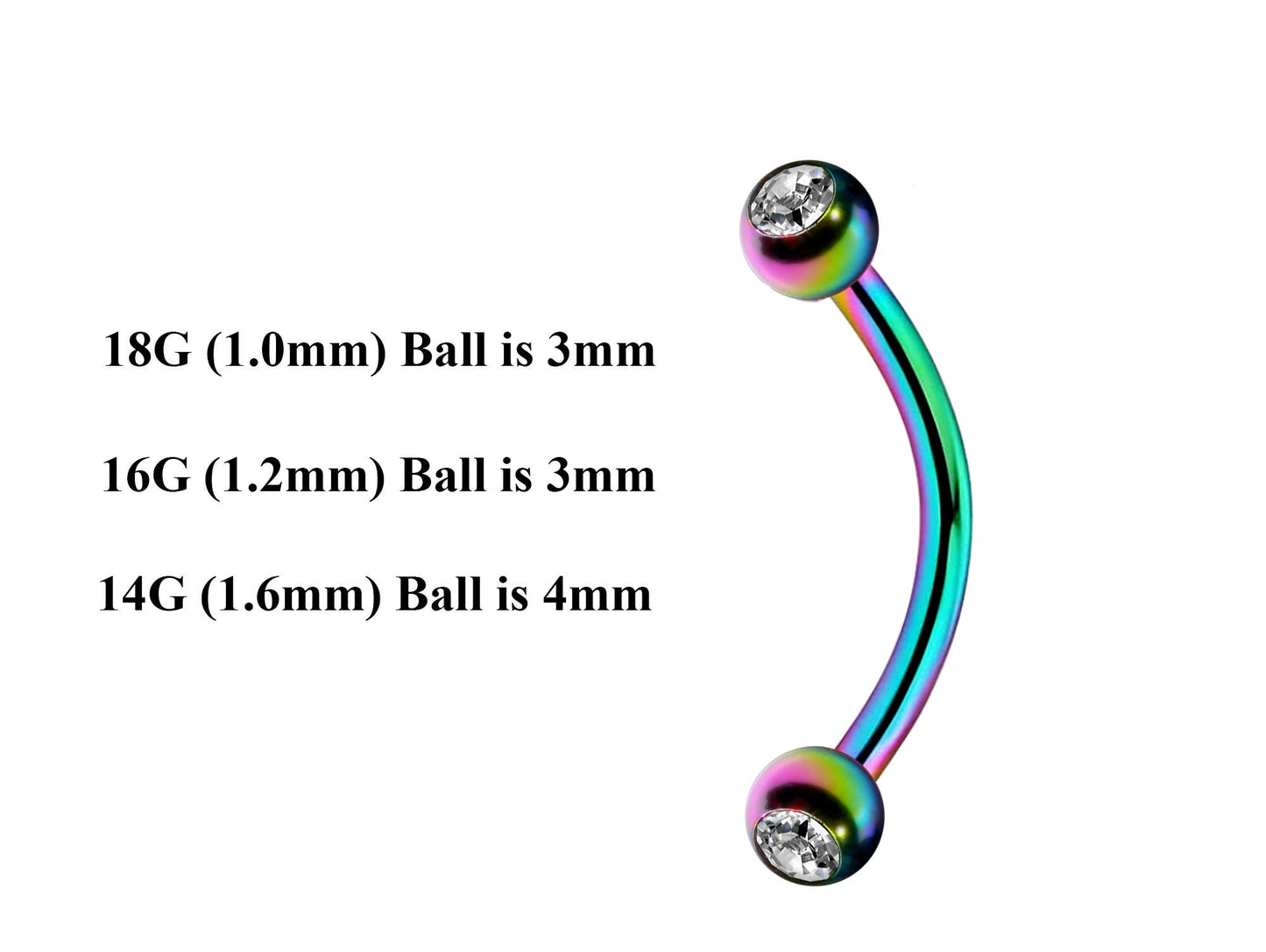 Rainbow Curved Barbell, Lip Piercing – Custom Bent Barbell 18g 16g 14g Piercing for Daith, Vertical Labret and More