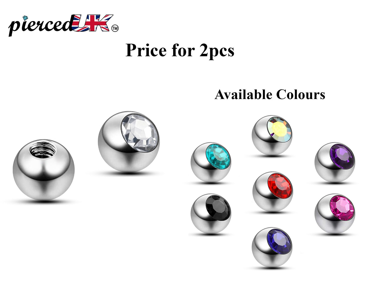 Replacement Piercing Parts, Loose Part – 1 Pair (2pcs) Gem Ball Crystal Attachment for lip labret, Barbell, Septum ring, Curved Barbell