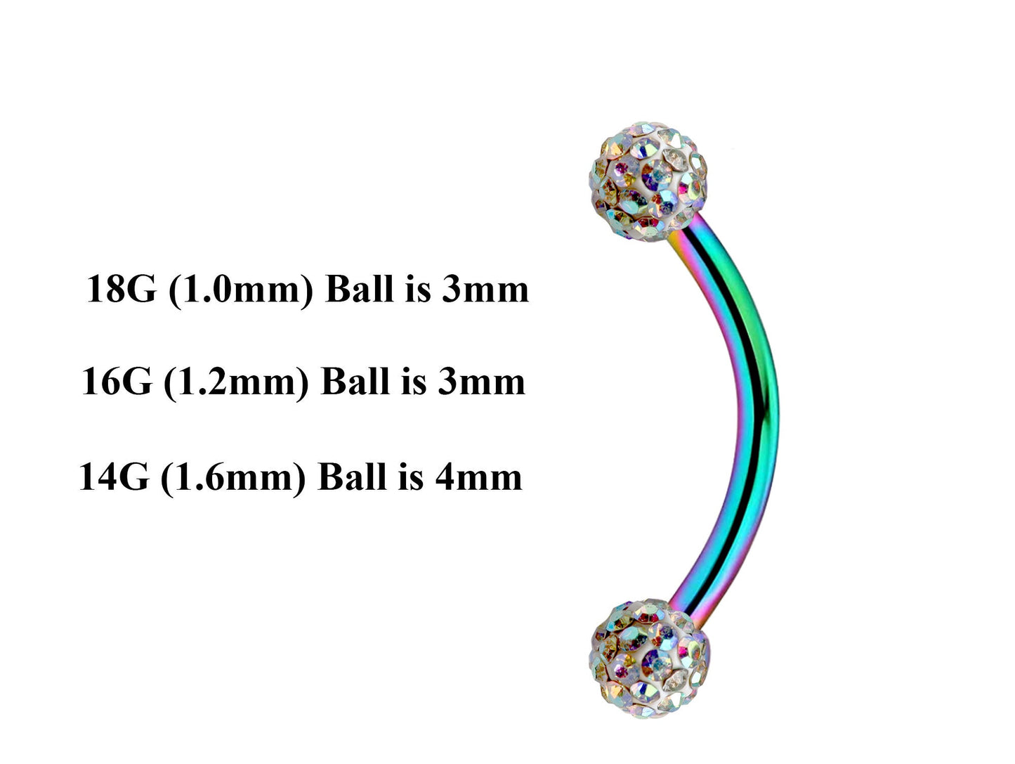 Rainbow Curved Barbell, Lip Piercing – Custom Bent Barbell 18g 16g 14g Piercing for Daith, Vertical Labret and More