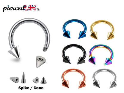 Cone / Spike Barbell Piercing, Horseshoe Septum Ring with many Colours - 18G, 16G, 14G - Piercing for Nose, Eyebrow, Ears, Lip Ring, Nipple.