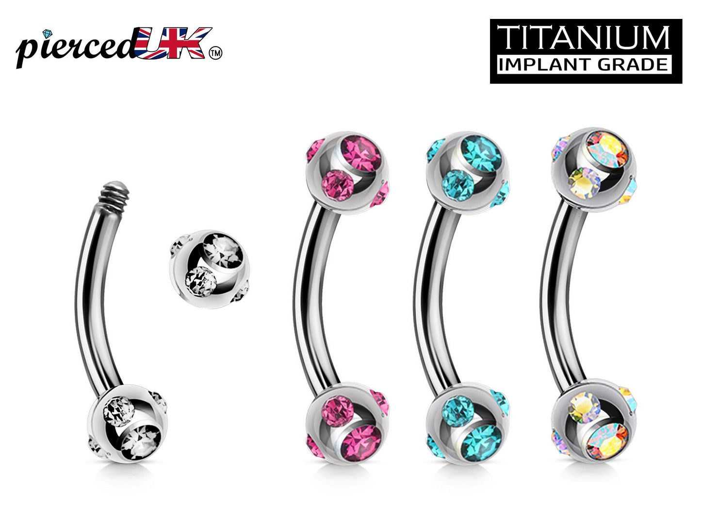 Titanium Bent Barbell Piercing - Multi Stone Set Curved Barbell - 18g 16g 14g Piercing for Cartilage, eyebrow piercing, Daith, Tragus, Helix