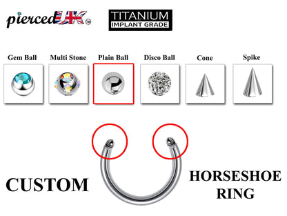 Titanium Nose Ring- Customize Horseshoe Barbell Piercing in 16g / 14g - Spike - Gem Ball - Multi Stone - Disco Ball - Plain Ball.