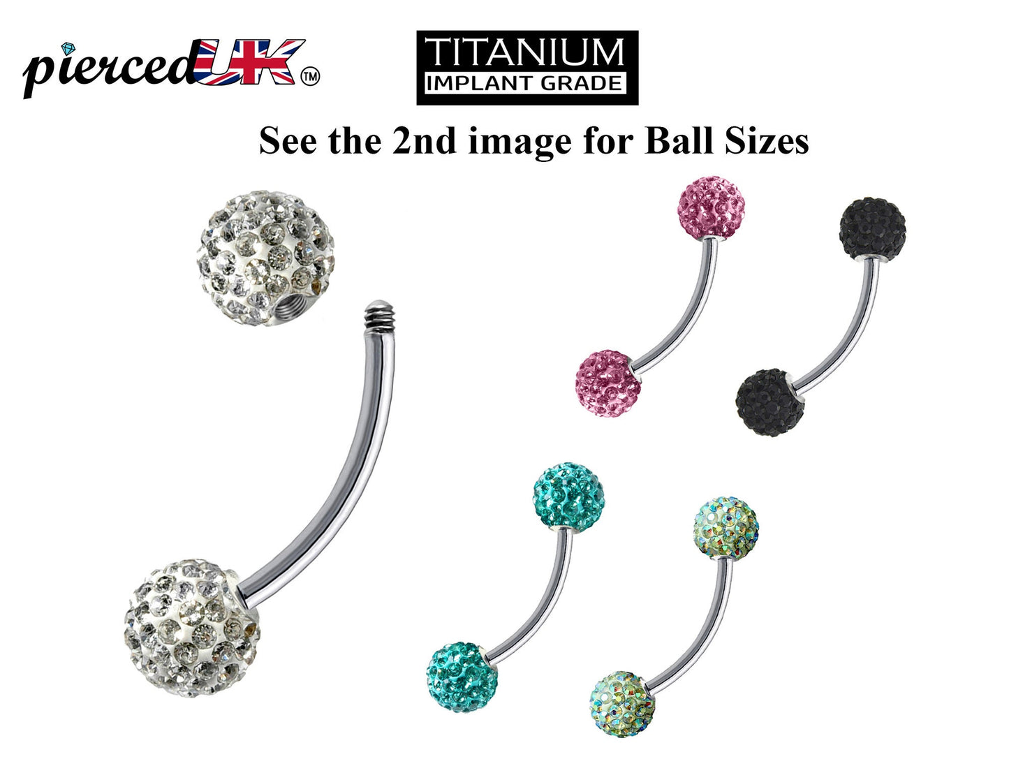 Titanium Daith Earring, Daith Piercing - Curved Barbell Piercing with Multi Crystal Ball - Piercing for Eyebrow, Ear, Belly Ring etc.