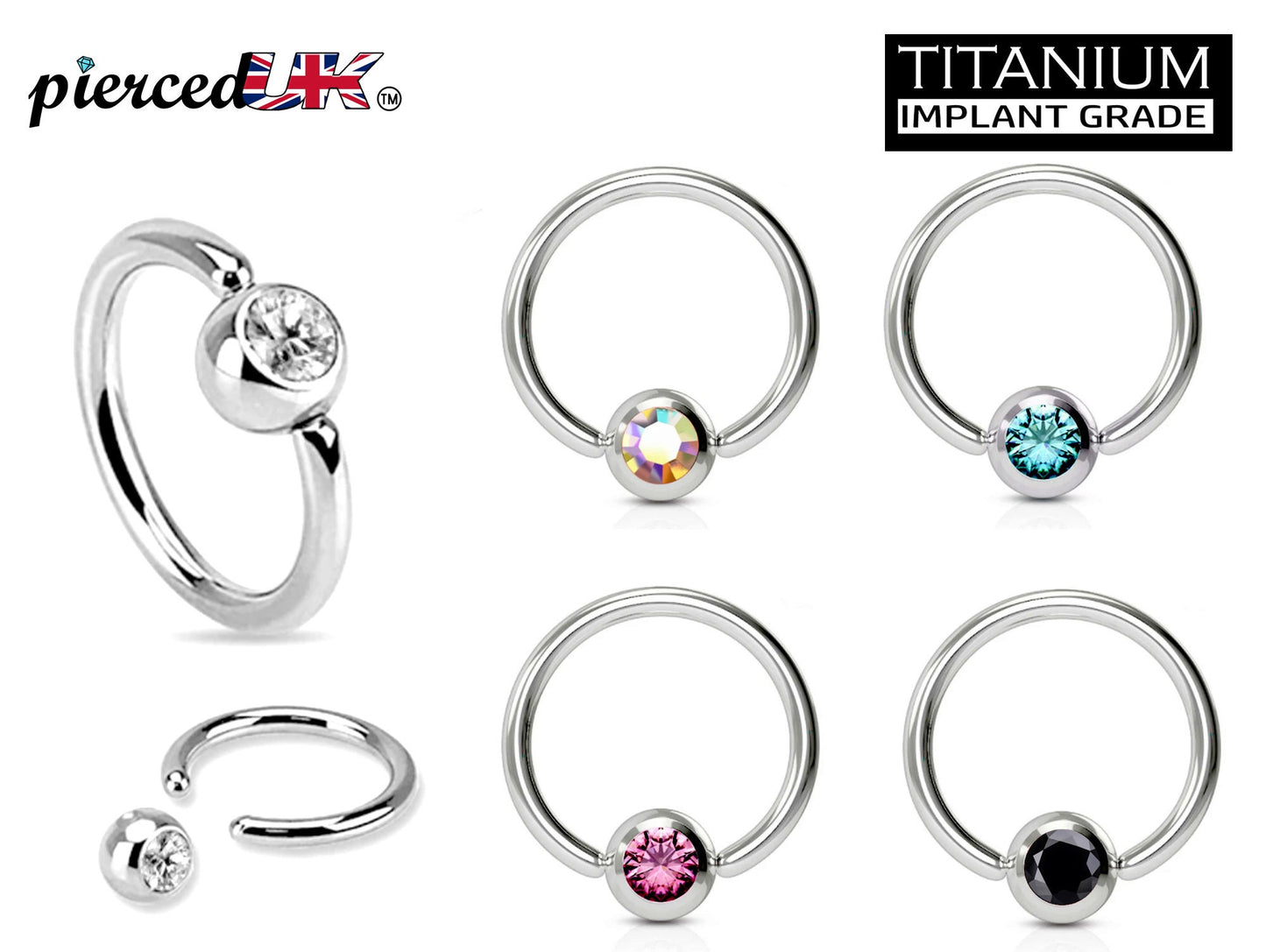 Titanium Nose Ring, Captive Ball Earrings – Ball Closure Ball with Dimple Gem Ball - Piercing for Septum, Eyebrow, Nipple, Lip and More