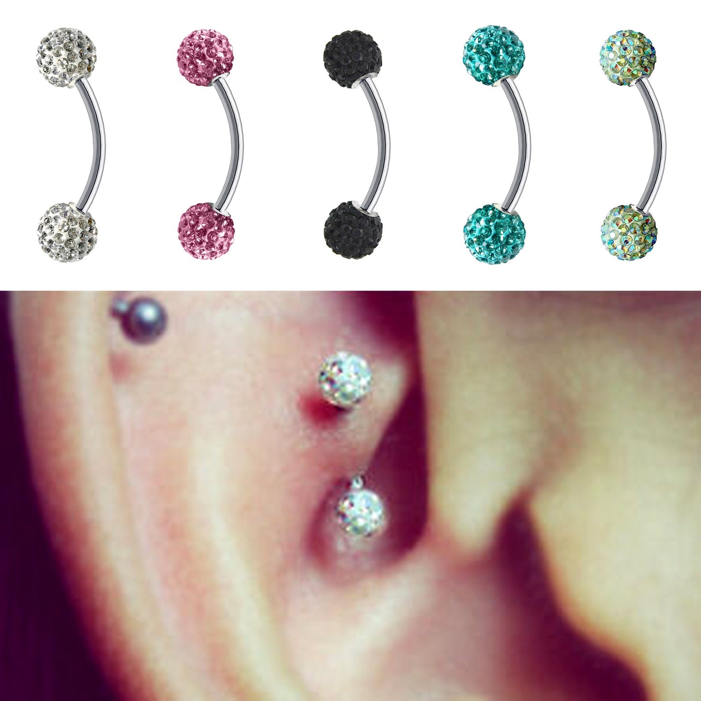 Titanium Daith Earring, Daith Piercing - Curved Barbell Piercing with Multi Crystal Ball - Piercing for Eyebrow, Ear, Belly Ring etc.