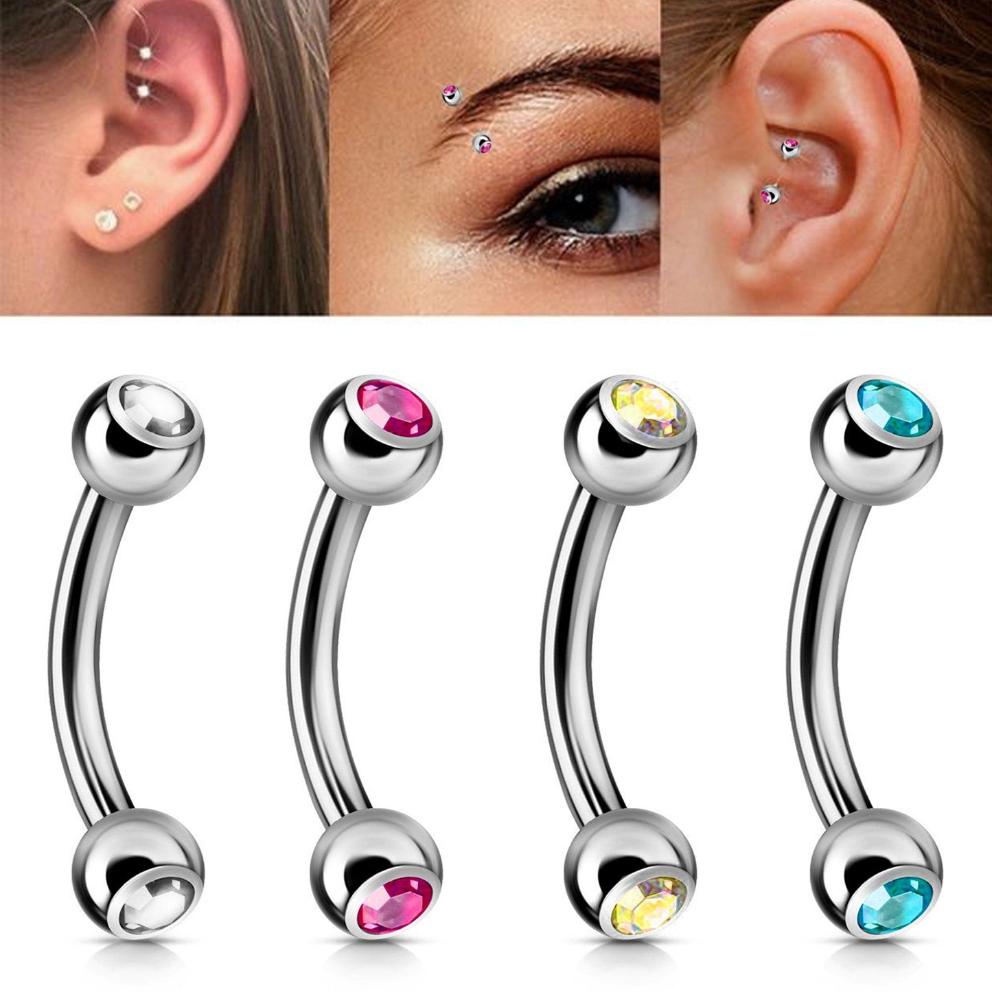 Titanium Curved Barbell, Daith Piercing- Double Jeweled Bent Barbell - 18g 16g 14g - Piercing for belly ring, Ear, Tragus, Helix