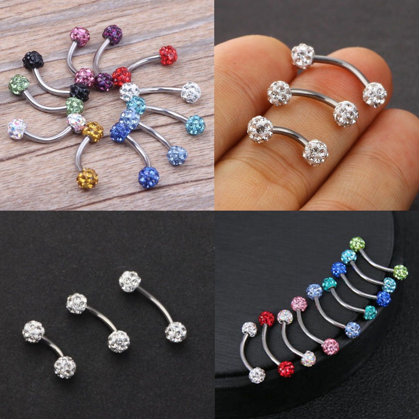 Titanium Daith Earring, Daith Piercing - Curved Barbell Piercing with Multi Crystal Ball - Piercing for Eyebrow, Ear, Belly Ring etc.