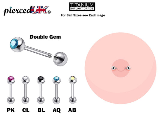 Titanium Nipple Barbell with Double Gem Ball CZ External Threaded 16g 14g Barbell Studs Body Piercing for Tongue Bar, Earring, Cartilage