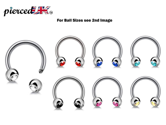 Horseshoe Barbell, Circular Barbell with Gem Balls - 18g 16g 14g - Sizes 6mm to 16mm - Piercing for Nose, Eyebrow, Ears, Lip Ring, Nipple.