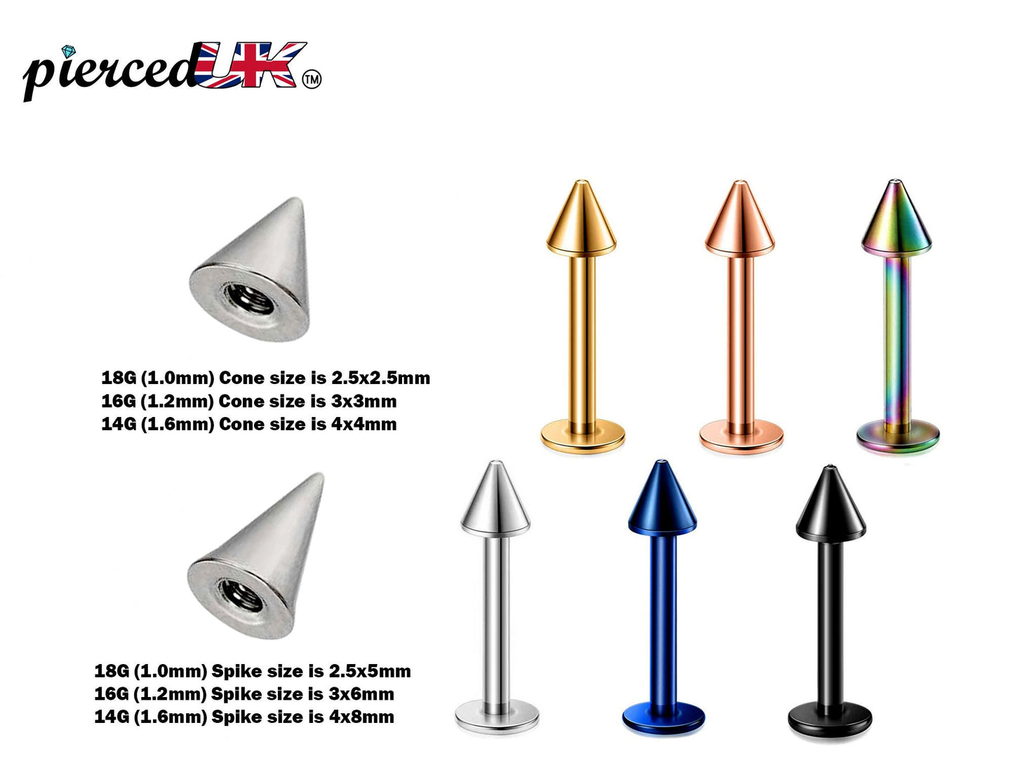 Spike Labret, Labret Stud – Labret Cone  Spike Piercing available in many Colours Labret Jewelry – 18g, 16g, 14g Labret Piercing for Lip.