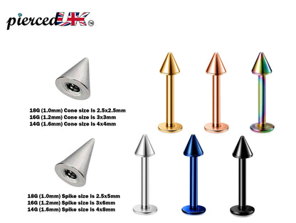Spike Labret, Labret Stud – Labret Cone  Spike Piercing available in many Colours Labret Jewelry – 18g, 16g, 14g Labret Piercing for Lip.