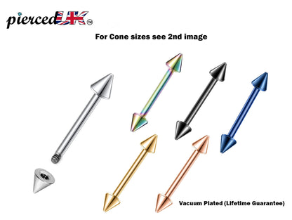 Cone Barbell Industrial Piercing – 18g, 16g, 14g (1.0, 1.2 & 1.6mm) Straight Barbell with Cone– Nipple, Cartilage, Ear Pierce