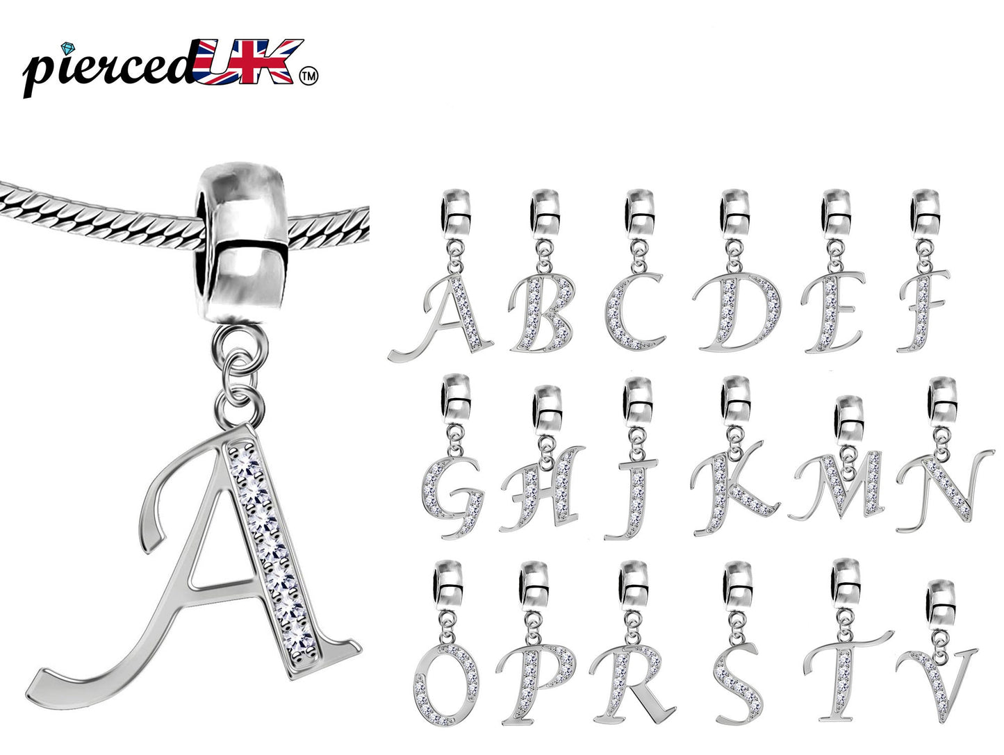 Alphabet Charms, Silver Initial Letter for Charm Bracelet with High Quality CZ Crystals - A to Z - for both Bracelet and Necklaces