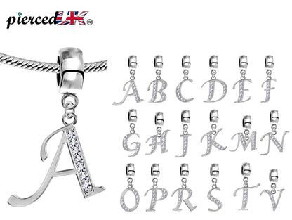Alphabet Charms, Silver Initial Letter for Charm Bracelet with High Quality CZ Crystals - A to Z - for both Bracelet and Necklaces
