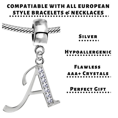 Alphabet Charms, Silver Initial Letter for Charm Bracelet with High Quality CZ Crystals - A to Z - for both Bracelet and Necklaces