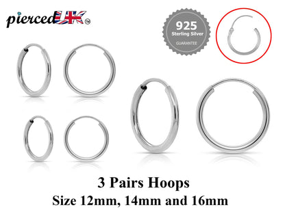 Hoop Earrings Silver - Set of 3 Pairs Hoop Earrings for Women - Comes in Sizes of 12mm, 14mm and 16mm - Silver, Gold, Rose Gold