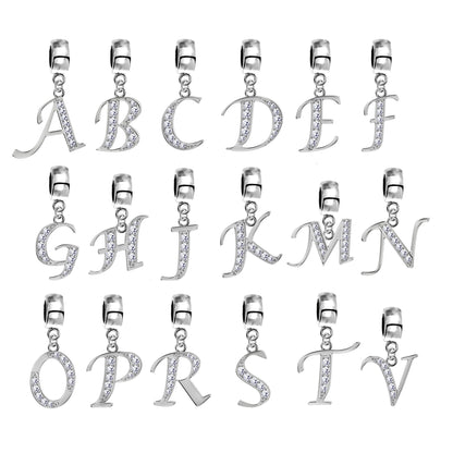 Alphabet Charms, Silver Initial Letter for Charm Bracelet with High Quality CZ Crystals - A to Z - for both Bracelet and Necklaces