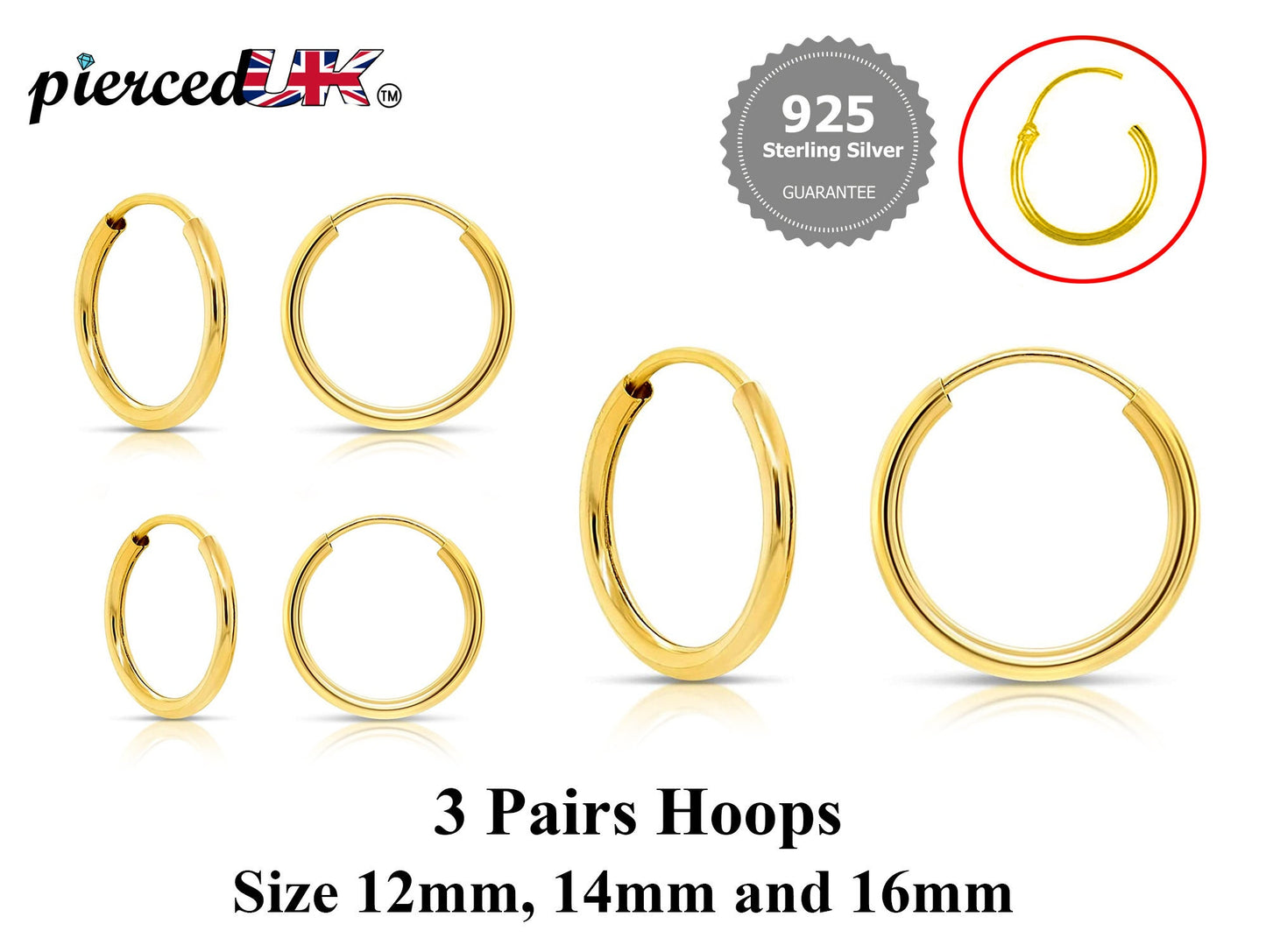 Hoop Earrings Silver - Set of 3 Pairs Hoop Earrings for Women - Comes in Sizes of 12mm, 14mm and 16mm - Silver, Gold, Rose Gold