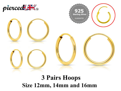 Hoop Earrings Silver - Set of 3 Pairs Hoop Earrings for Women - Comes in Sizes of 12mm, 14mm and 16mm - Silver, Gold, Rose Gold