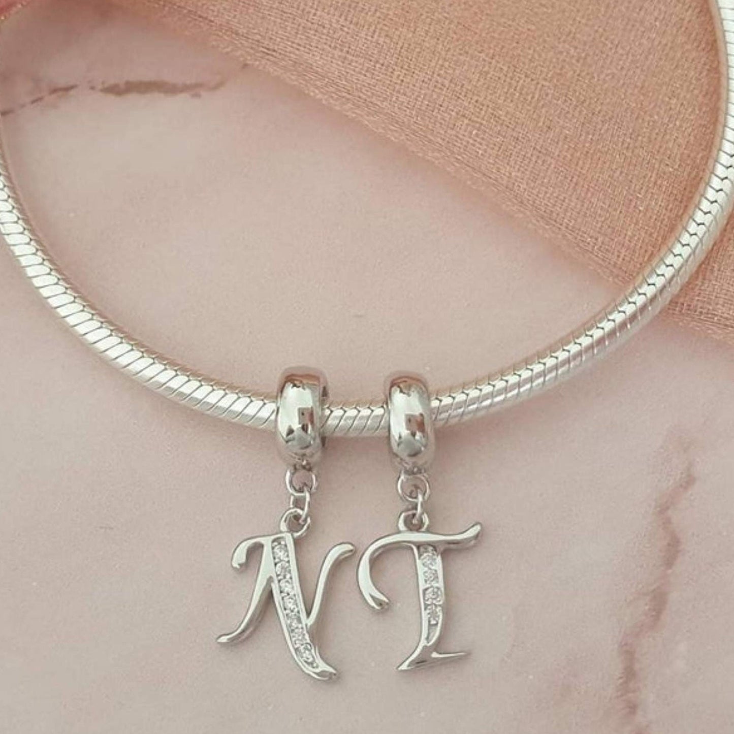 Alphabet Charms, Silver Initial Letter for Charm Bracelet with High Quality CZ Crystals - A to Z - for both Bracelet and Necklaces