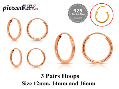 Hoop Earrings Silver - Set of 3 Pairs Hoop Earrings for Women - Comes in Sizes of 12mm, 14mm and 16mm - Silver, Gold, Rose Gold