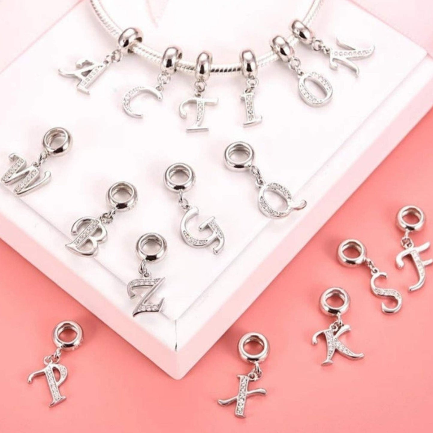 Alphabet Charms, Silver Initial Letter for Charm Bracelet with High Quality CZ Crystals - A to Z - for both Bracelet and Necklaces