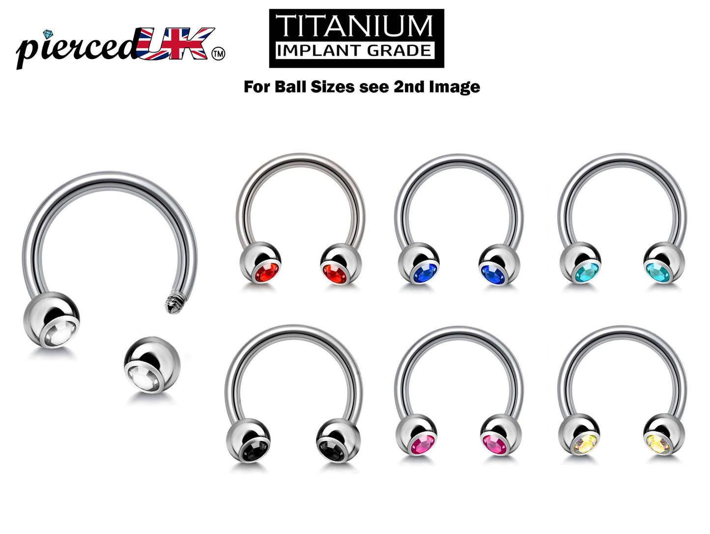 Titanium Circular Barbell with Gem Balls - Horseshoe Piercing 18g 16g 14g Sizes 10mm to 16mm - Piercing for Nose, Eyebrow, Lip Ring, Nipple.