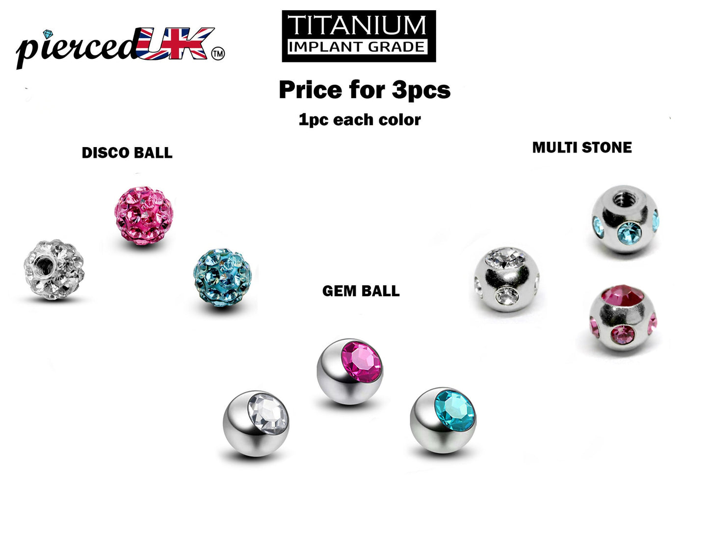 Titanium Replacement Piercing Parts, Loose Part – 3pcs Crystal Piercing Balls Attachment for lip labret, Barbell, Curved Barbell