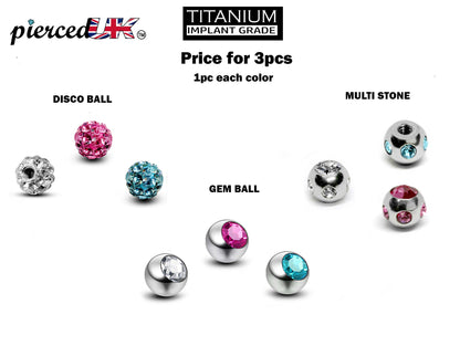Titanium Replacement Piercing Parts, Loose Part – 3pcs Crystal Piercing Balls Attachment for lip labret, Barbell, Curved Barbell