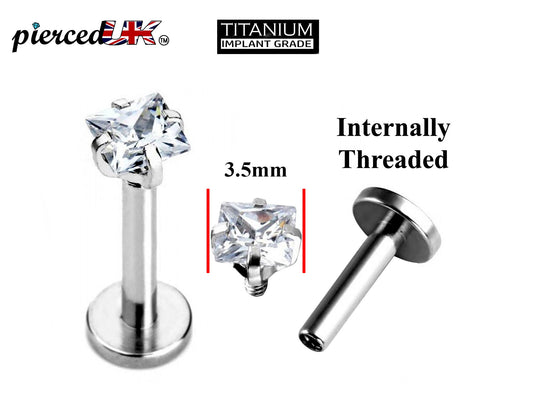 Titanium Lip Jewelry, Labret Stud – Internally threaded Square Top Prong Set Crystals– 16g (1.2mm) Labret Piercing Lip, Helix, Tragus.