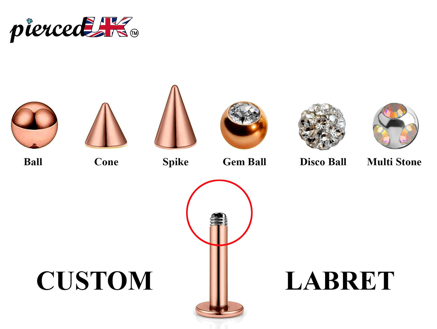 Rose Gold Labret Stud, Labret Piercing – Custom Lip Labret 18g 16g 14g Labret Piercing for Lip, Chin – Choose Top Ball in the Options