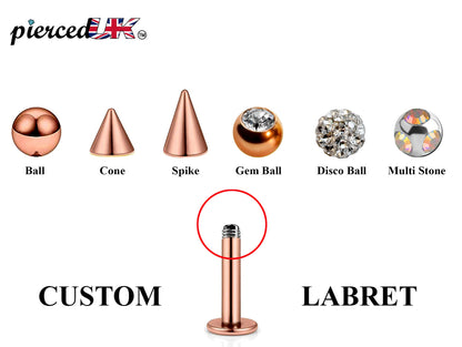 Rose Gold Labret Stud, Labret Piercing – Custom Lip Labret 18g 16g 14g Labret Piercing for Lip, Chin – Choose Top Ball in the Options