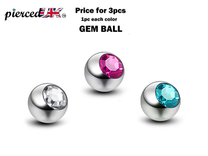 Titanium Replacement Piercing Parts, Loose Part – 3pcs Crystal Piercing Balls Attachment for lip labret, Barbell, Curved Barbell