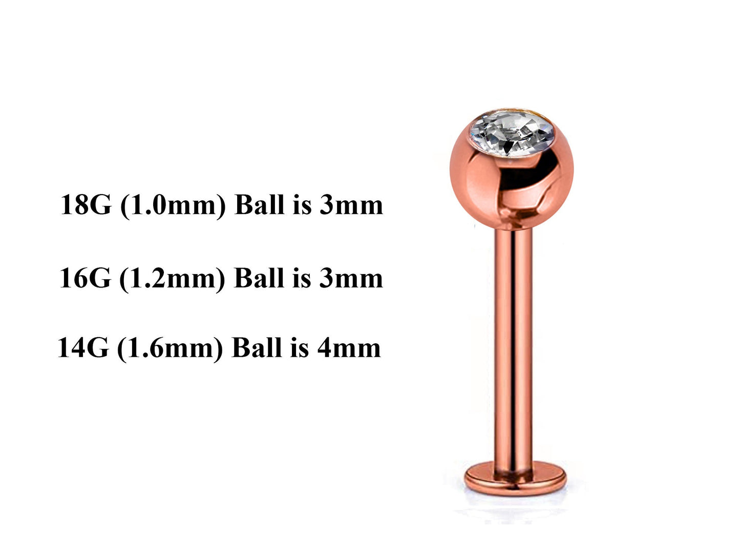 Rose Gold Labret Stud, Labret Piercing – Custom Lip Labret 18g 16g 14g Labret Piercing for Lip, Chin – Choose Top Ball in the Options