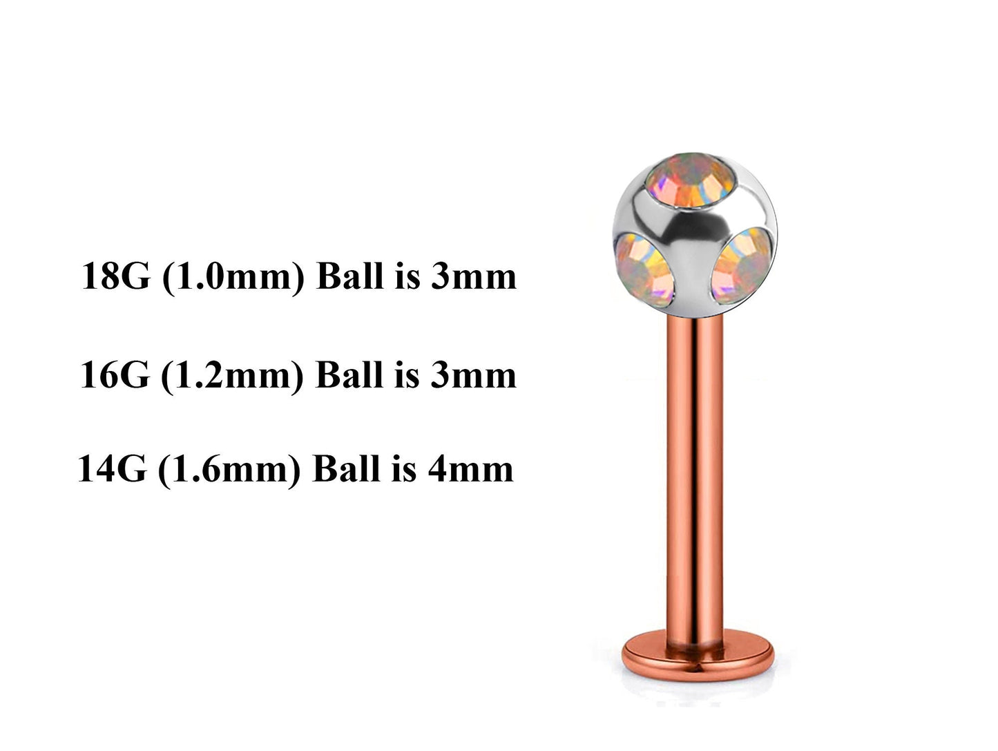 Rose Gold Labret Stud, Labret Piercing – Custom Lip Labret 18g 16g 14g Labret Piercing for Lip, Chin – Choose Top Ball in the Options