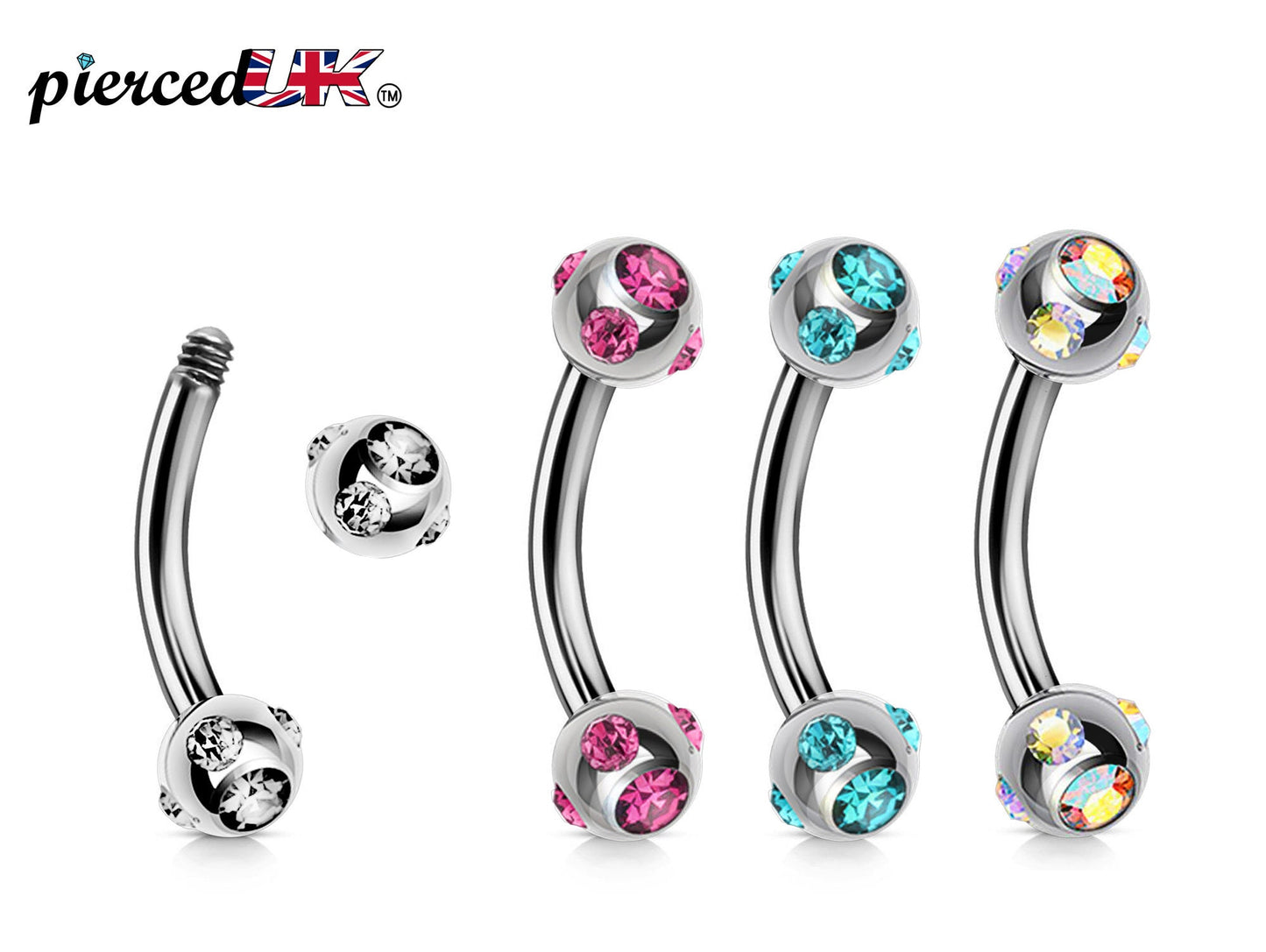 Curved Barbell - Multi Stone Set Barbell Piercing - 18g 16g 14g - Piercing for Cartilage, eyebrow piercing, Daith, Tragus, Helix and More.