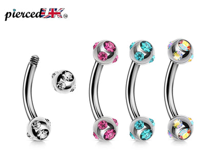 Curved Barbell - Multi Stone Set Barbell Piercing - 18g 16g 14g - Piercing for Cartilage, eyebrow piercing, Daith, Tragus, Helix and More.
