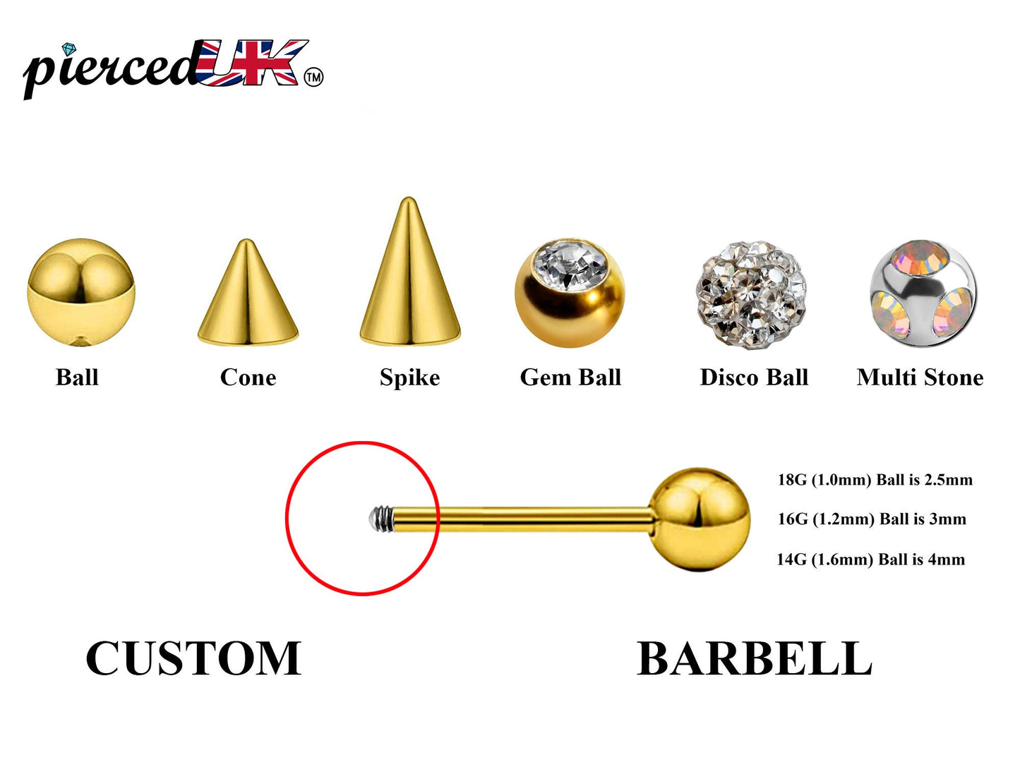 Gold Barbell Stud, Industrial Piercing – Custom Barbell Piercing 18g, 16g, 14g Body Jewellery for Nipple, Eyebrow, Tongue Bar and More