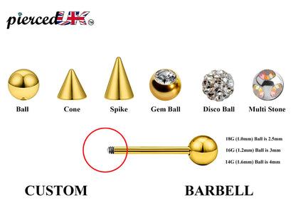 Gold Barbell Stud, Industrial Piercing – Custom Barbell Piercing 18g, 16g, 14g Body Jewellery for Nipple, Eyebrow, Tongue Bar and More