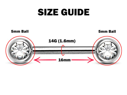 Nipple Front Face Barbell, Nipple Jewelry – 14g Nipple Bar with CZ Clear Crystals - Nipple Rings, Nipple Piercing Body Jewellery