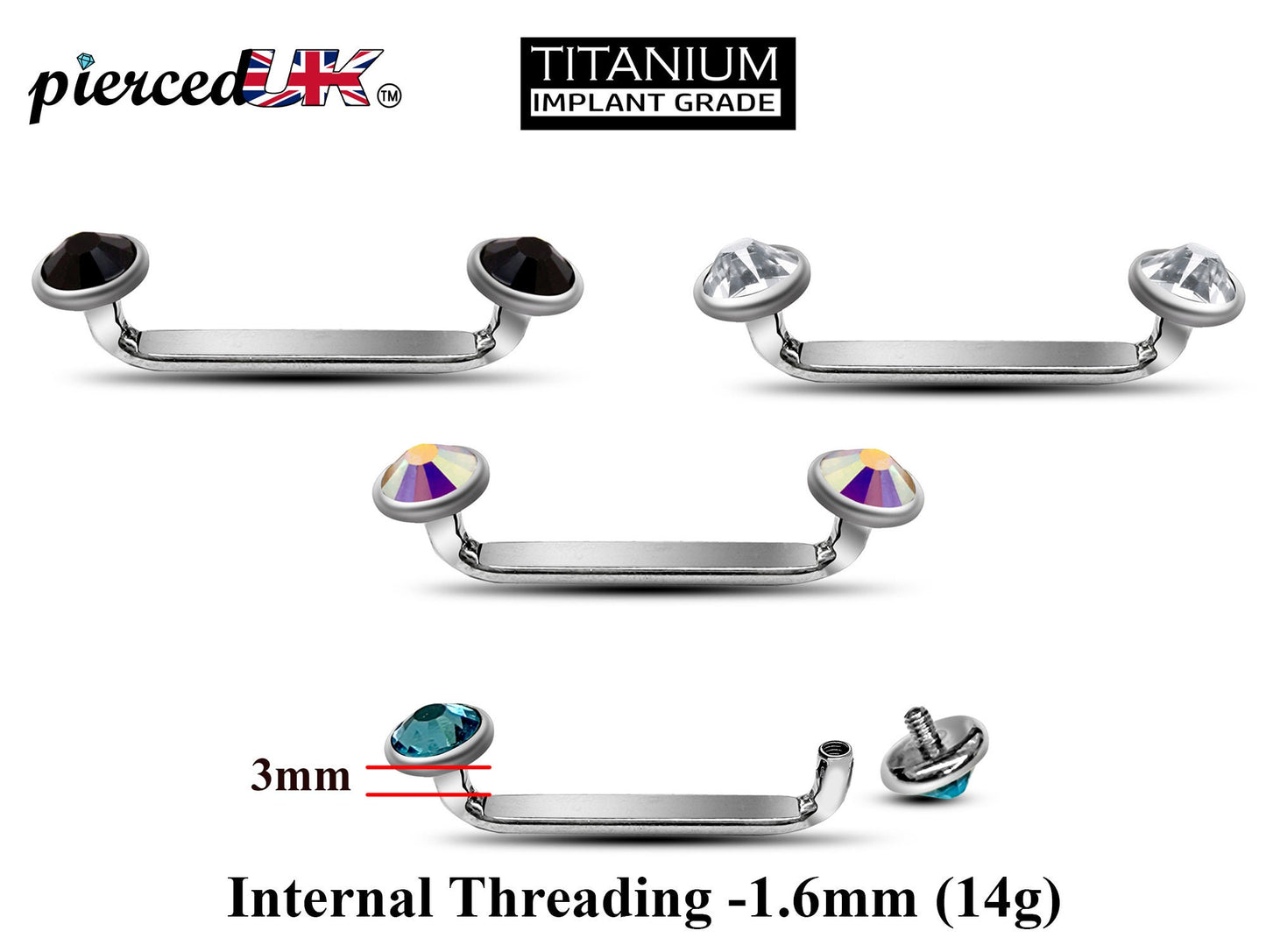 Flat Surface Piercing Jewelry, Titanium Staple Barbell - Internally Threaded Dermal Bar with Pyramid Top Gem Crystal