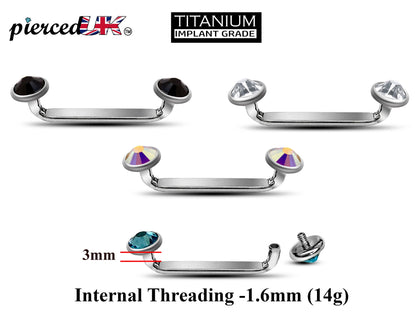 Flat Surface Piercing Jewelry, Titanium Staple Barbell - Internally Threaded Dermal Bar with Pyramid Top Gem Crystal