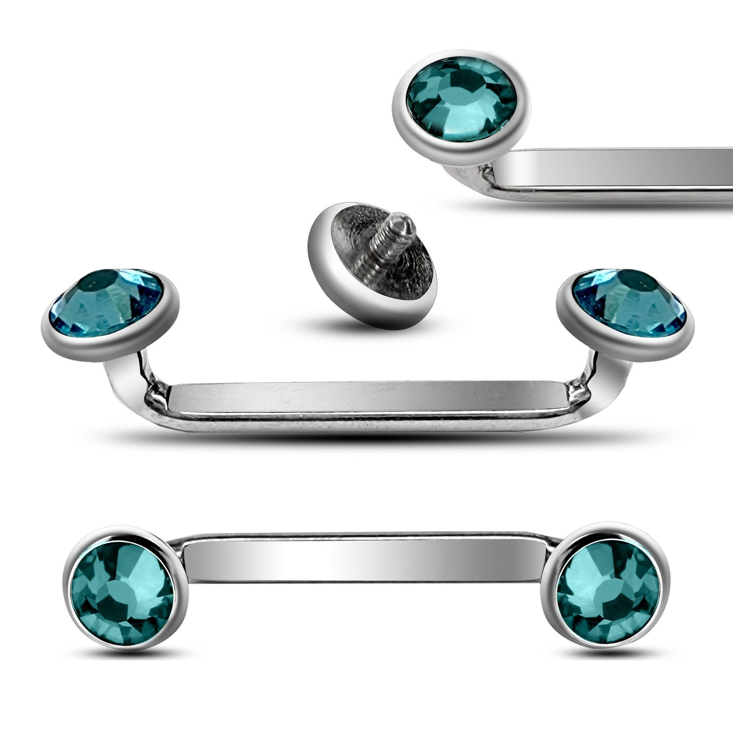Flat Surface Piercing Jewelry, Titanium Staple Barbell - Internally Threaded Dermal Bar with Pyramid Top Gem Crystal