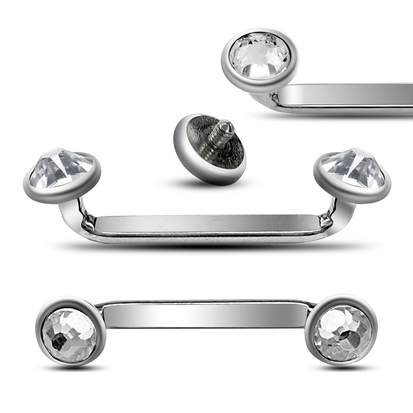 Flat Surface Piercing Jewelry, Titanium Staple Barbell - Internally Threaded Dermal Bar with Pyramid Top Gem Crystal