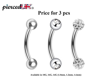 Curved Barbell Daith Piercing– 3pcs Bent Barbell Piercing Jewelry – Ball / Gem ball / Disco ball – Body Piercing for Lip, Dainty, Helix