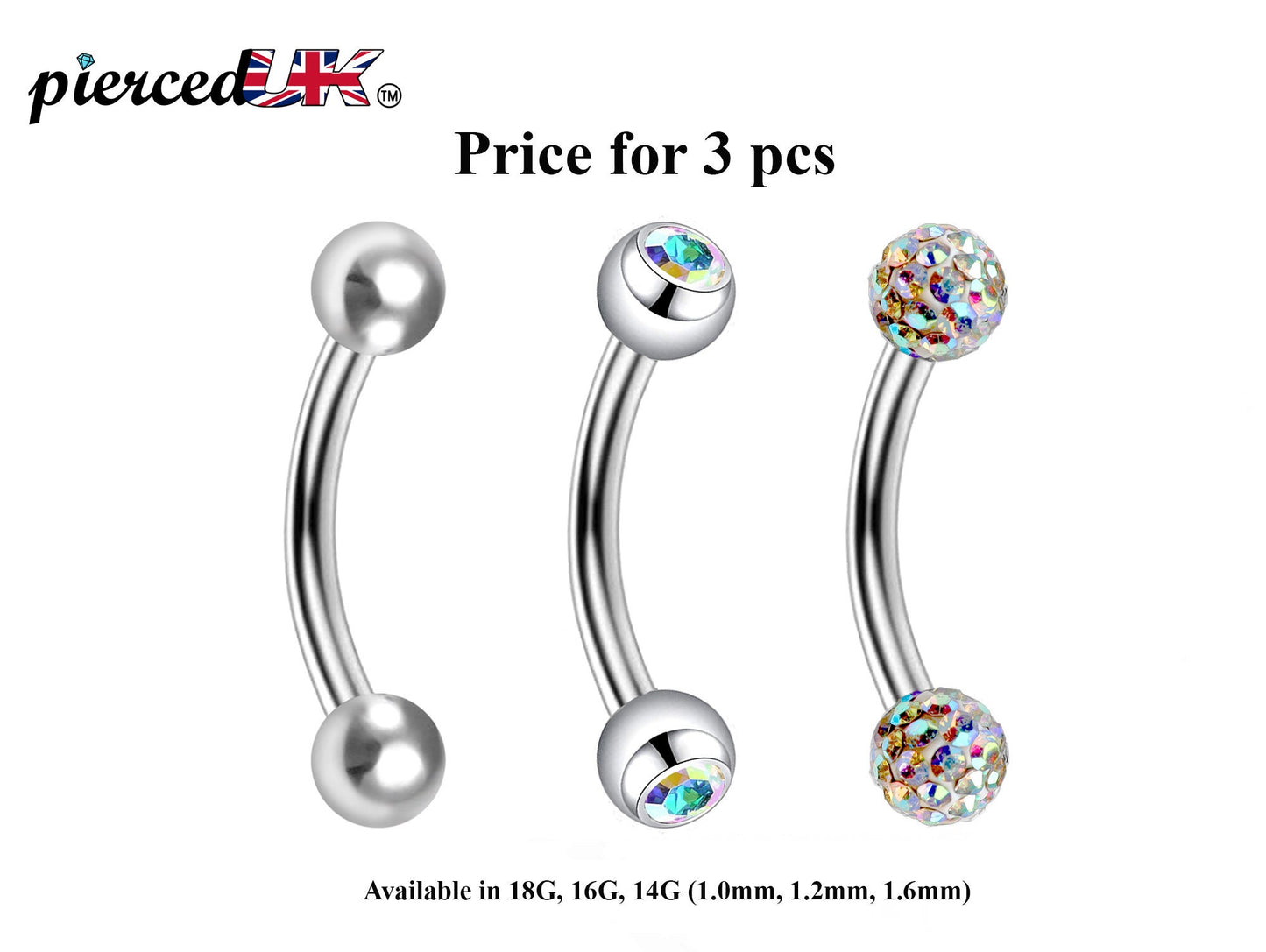 Curved Barbell Daith Piercing– 3pcs Bent Barbell Piercing Jewelry – Ball / Gem ball / Disco ball – Body Piercing for Lip, Dainty, Helix