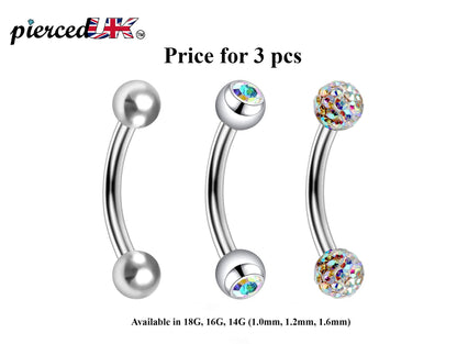 Curved Barbell Daith Piercing– 3pcs Bent Barbell Piercing Jewelry – Ball / Gem ball / Disco ball – Body Piercing for Lip, Dainty, Helix
