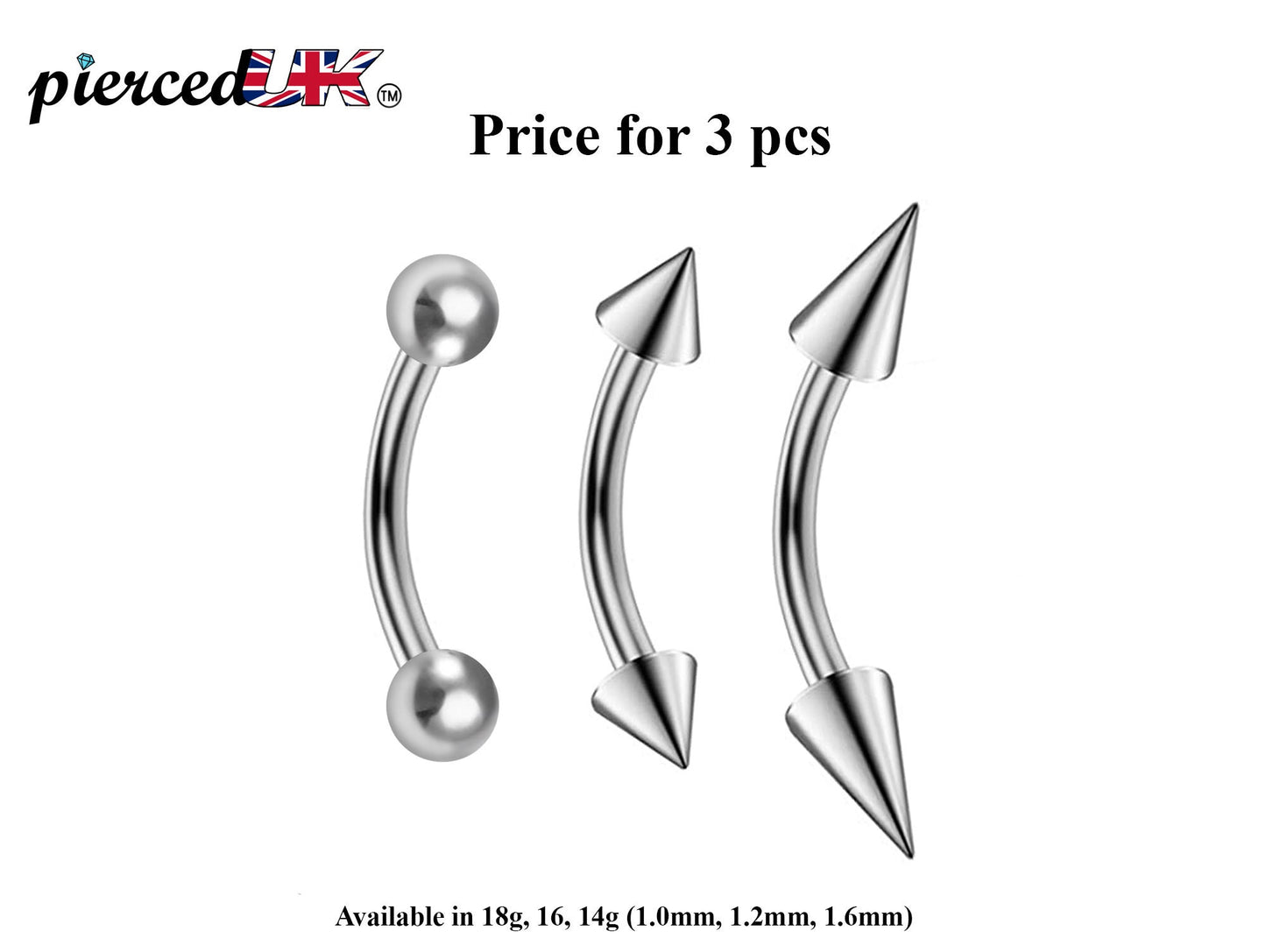 Curve Barbell, Daith Piercing – 3pcs Bent Barbell Spike / Ball  / Cone  Body Piercing, Earring, Daith, Helix, Cartilage and Tragus